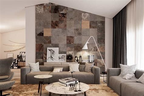 Contemporary Living Room With Rustic Ceramic Wall Tiles