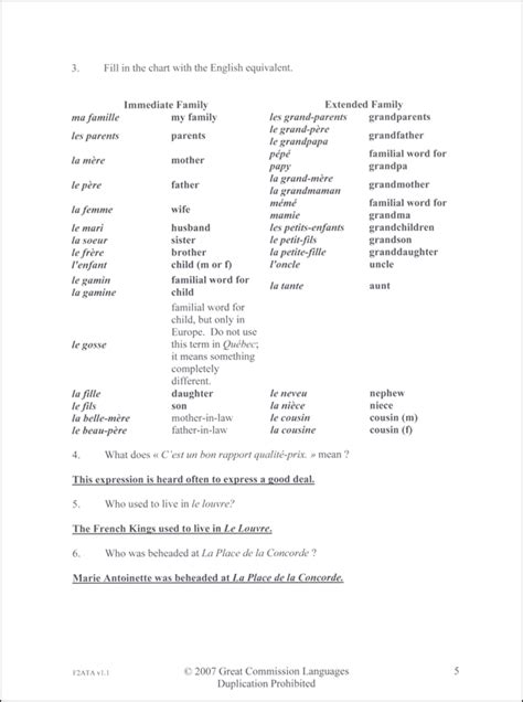 Easy French Level 2a Test Answer Key Great Commission