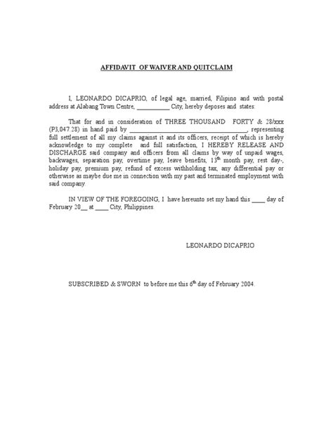 Affidavit Of Waiver And Quitclaim