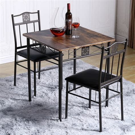 Vecelo 3 Piece Wood And Metal Dining Table Set Dining Room Kitchen Square