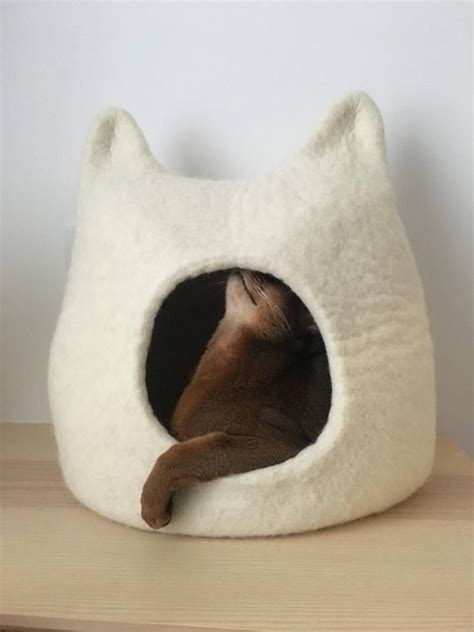 Cat Bed Cave From Natural White Felted Wool Warm And Comfy Pet Bed