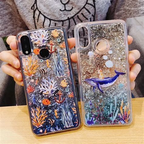 cute dolphin liquid quicksand phone case for huawei p10 p20 pro p20 lite glitter sequins back