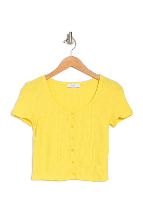 Elodie Waffle Knit Short Sleeve Button Up Crop Top In Yellow Modesens