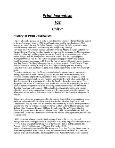 Print Journalism Notes Print Journalism 102 Unit History Of Print