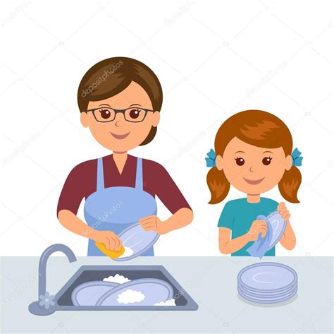 madre e hija lavando los platos concepto trabajo conjunto de madres e hijas hija ayuda a mamá