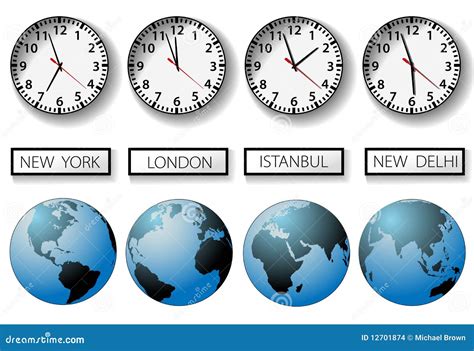 World City Time Zone Clocks And Globes Vector Illustration