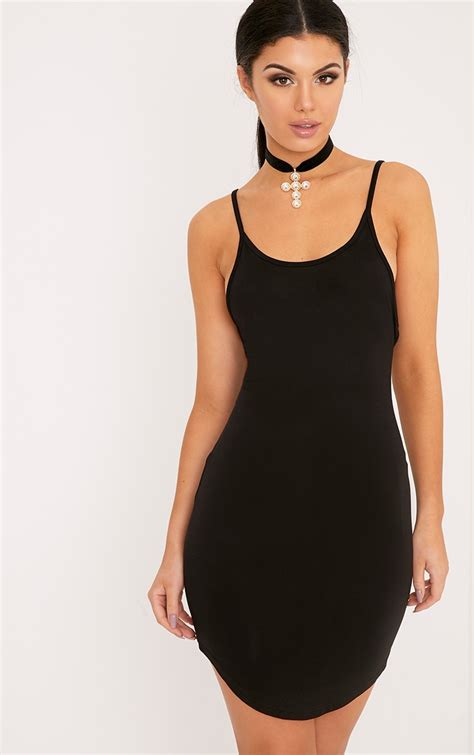 Basic Black Jersey Strappy Mini Dress Prettylittlething
