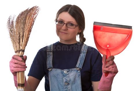 Girl With A Dustpan And Broom Stock Image Image Of Cleanup Woman