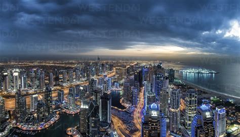 Cityscape Of Dubai United Arab Emirates At Dusk With Skyscrapers