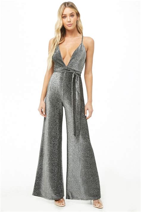 Plunging Belted Metallic Jumpsuit Metallic Jumpsuits Jumpsuit Dressy Jumpsuit