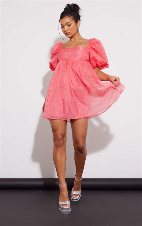 Pink Puff Sleeve Organza Shift Dress Prettylittlething Usa