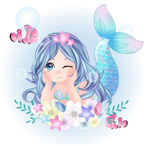 Dibujado A Mano Lindo Personaje De Sirena Vector Premium