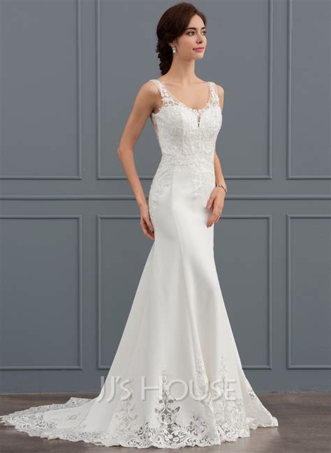 Trumpetmermaid V Neck Court Train Lace Stretch Crepe Wedding Dress