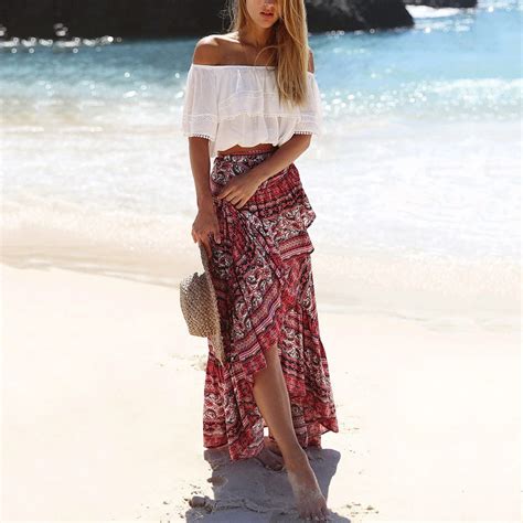 Women Boho Summer Beach Floral Long Skirt Elegant Split Ruffles Faldas