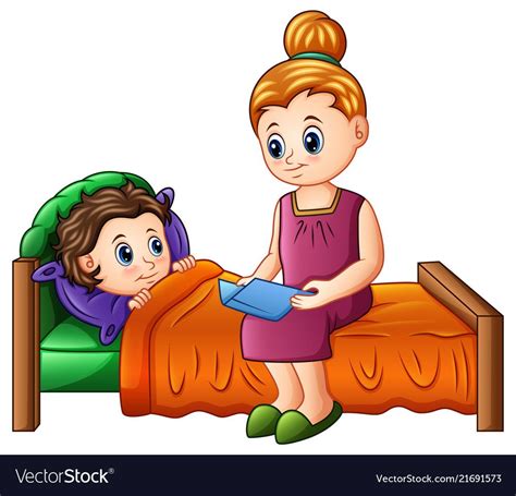 Cartoon Mother Reading Bedtime Story To Her Son Be Vector Image On