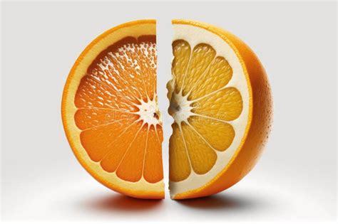 An Orange Split In Half Displayed Against A White Background Stock