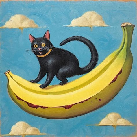 Pintura de un gato negro sentado en un plátano con nubes en el fondo