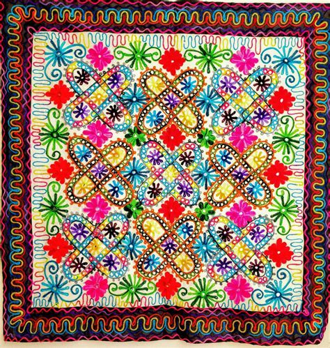 Colorful Indian Embroidered Tapestry Wall Hanging In Floral Geometric