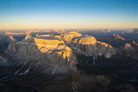 Aerial View Of Sunset Over Sella Group And Sass Pordoi In