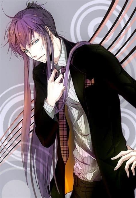 No copying if his hair already over or as long as his neck it was allready count as long. Cute anime boy with long purple hair in a suit #Anime ...