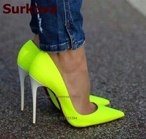 Surkova Neon Yellow 12cm High Heel Pumps White Stiletto Heels Shallow