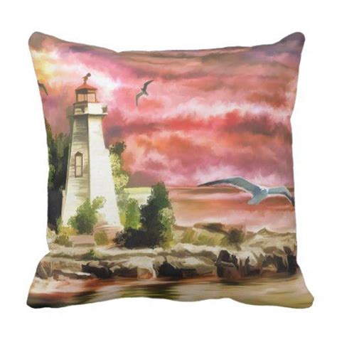 Sea Coast Lighthouse At Sunset Throw Pillow Throw Pillows Sunset