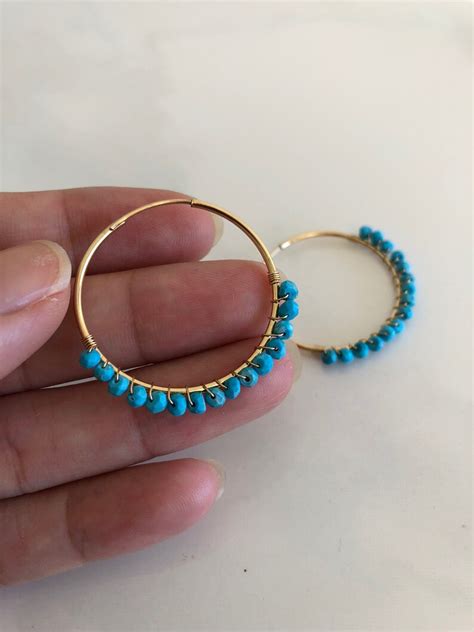 Turquoise Hoop Earrings Large Gold Hoops Turquoise Beaded Etsy