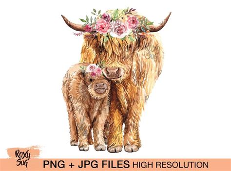Cow And Calf With Flower Crown Watercolor Highland Cow