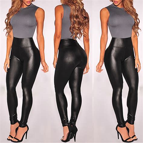 New Fashion Women Pu Leather Black High Waist Leggings Stretch Skinny Pants Slim Ankle Length