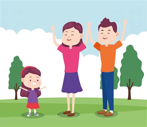 Dibujos Animados Feliz Mamá Y Papá Con Su Hija En El Parque Vector