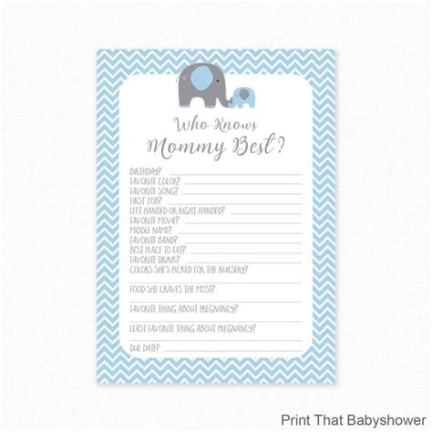 Blue Elephant Baby Shower Who Knows Mommy Best Printable Blue