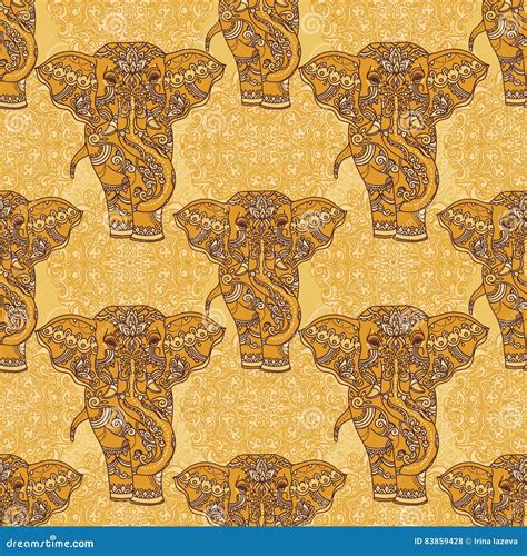 Seamless Pattern With Indian Elephants And Beautiful Paisley Ornament Stock Vector