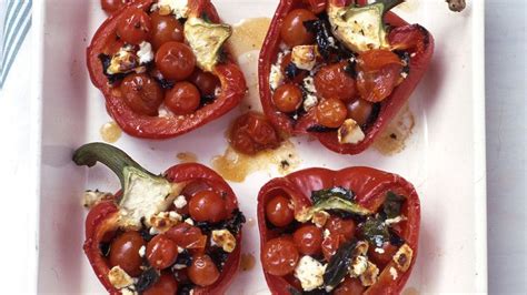 baked stuffed red peppers with cherry tomatoes feta and thyme recipe martha stewart