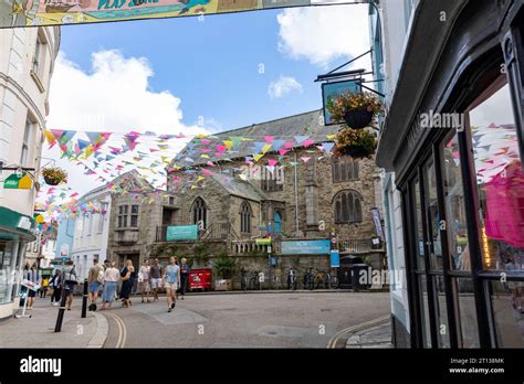 Falmouth Town Centre Cornwall With Colourful Bunting Spread Across