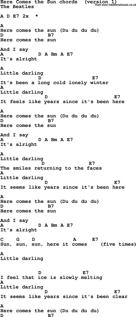 Song Lyrics with guitar chords for Here Comes The Sun - The Beatles ...