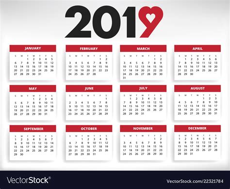 2019 Calendar All Year Months Days With Heart Vector Image