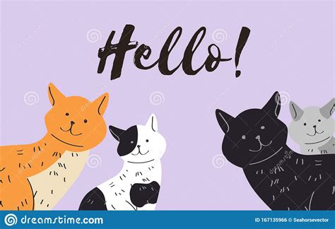 Hello Cat Text Card Vector Illustration Funny Style Cats Characters