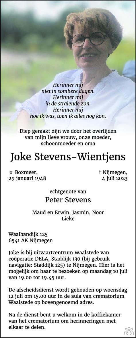 Joke Stevens Wientjens Overlijdensbericht En Condoleances Mensenlinq Nl