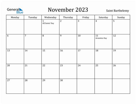 November 2023 Saint Barthelemy Monthly Calendar With Holidays