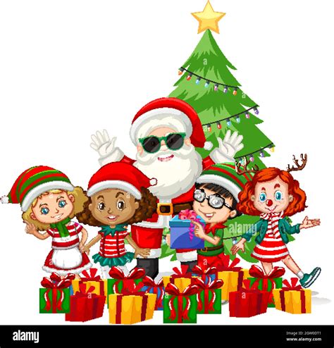 Santa Claus With Children Wear Christmas Costume Cartoon Character On