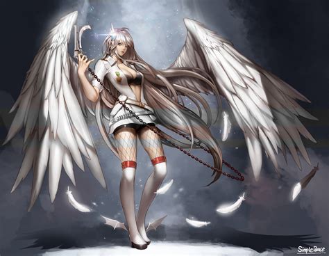 Wallpaper Illustration Gun Long Hair Anime Girls Wings Angel Weapon Open Shirt Grey