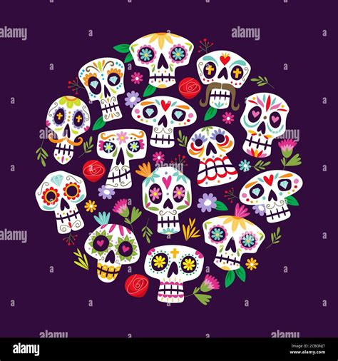 Colorful Mexican Skulls Background Cute Dia De Muertos Card Mexican