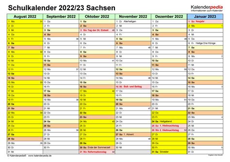 Schulkalender 20222023 Sachsen Für Word