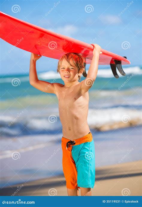 Happy Young Boy At The Beach With Surfboard Stock Image Image Of