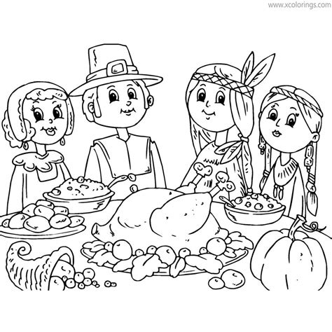 Pilgrim Coloring Pages Thanksgiving Dinner With Indians