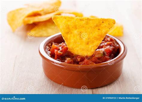 Tortilla Chip With Hot Salsa Dip Stock Photo Image Of Crispy