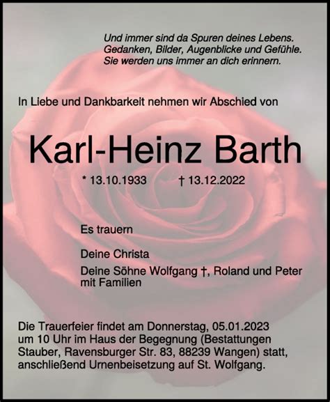 Traueranzeigen Von Karl Heinz Barth Schwaebische De Trauerportal