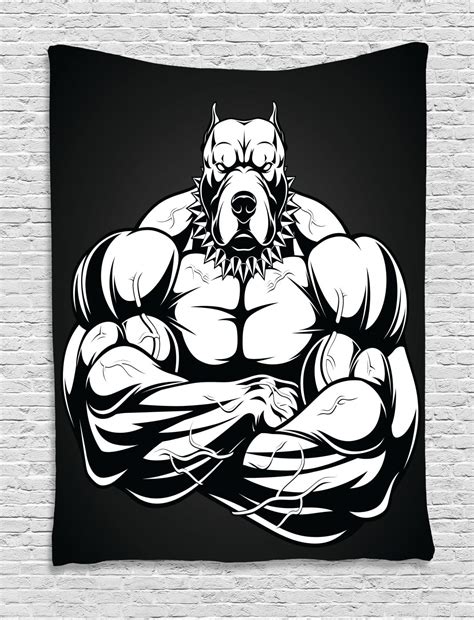 Pitbull Tapestry Illustration Of A Strong Pitbull With Big Biceps