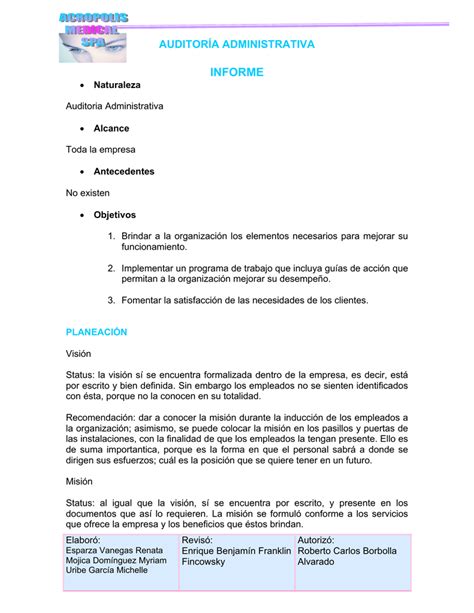 Ejemplo De Informe De Auditoria Administrativa En Mexico Ejemplo