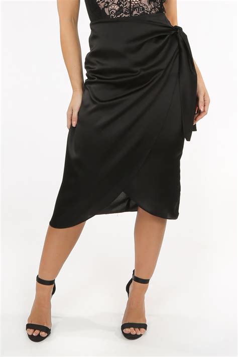 Black Satin Wrap Midi Skirt Dressed In Lucy